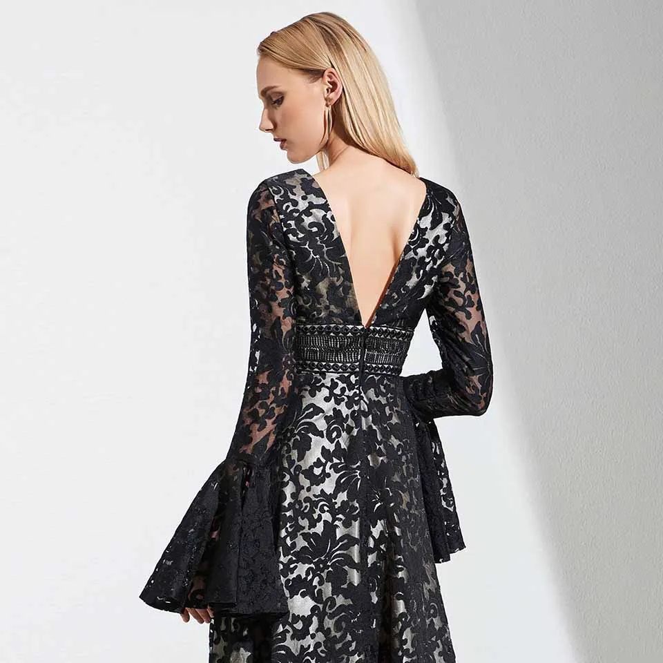 Dressv черное кружевное вечернее платье с v-образным вырезом и длинными рукавами, с открытой спиной, длина до пола, свадебное вечернее платье трапециевидной формы, вечернее платье es