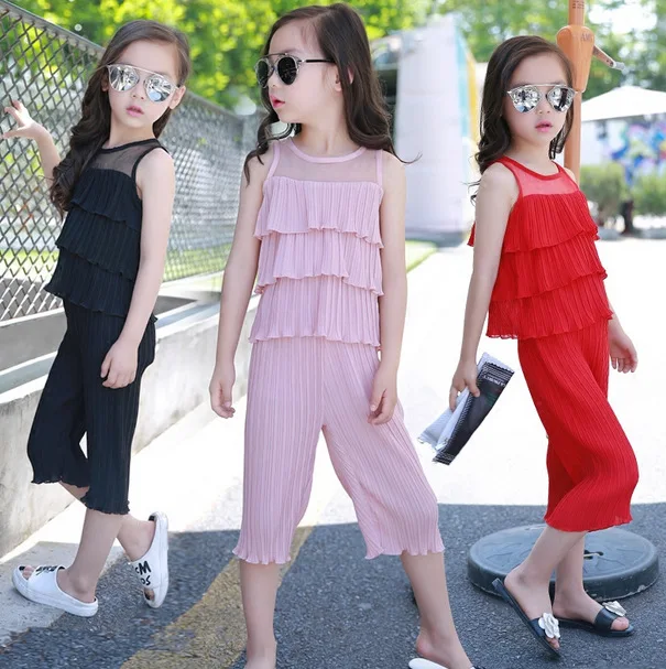 

Children Clothing Sets 2019 New Girls Chiffon Sports Suit Summer Pleated Shirt+ Pants Kids Clothes Suits 2pcs Baby Girls Costume