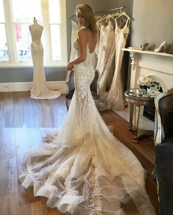 

New Mermaid Wedding Dress Backless Bridal Gown With Long Train Sexy Spaghetti Strap vestido de noiva