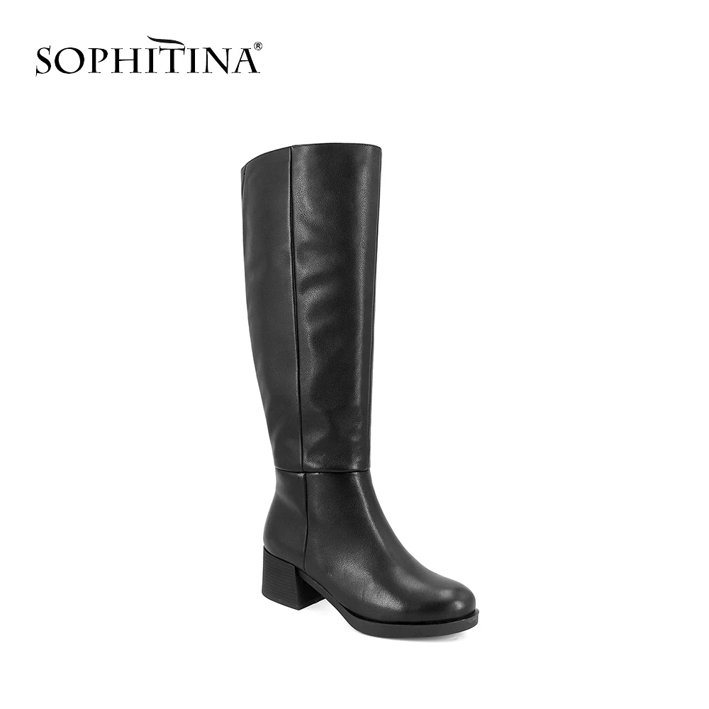 SOPHITINA/ Новые сапоги до колен; Женские обуви с элегантным круглым носком и квадратным средным каблуком; Зимние женские сапоги из высококачественной натуральной кожи и супер теплой ворсина; BA3