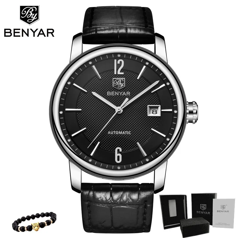 Leather-Black BENYAR Новая мода Топ люксовый бренд кожаные часы Автоматические Мужские часы Мужские механические стальные часы Relogio Masculino - Цвет: Leather-Black