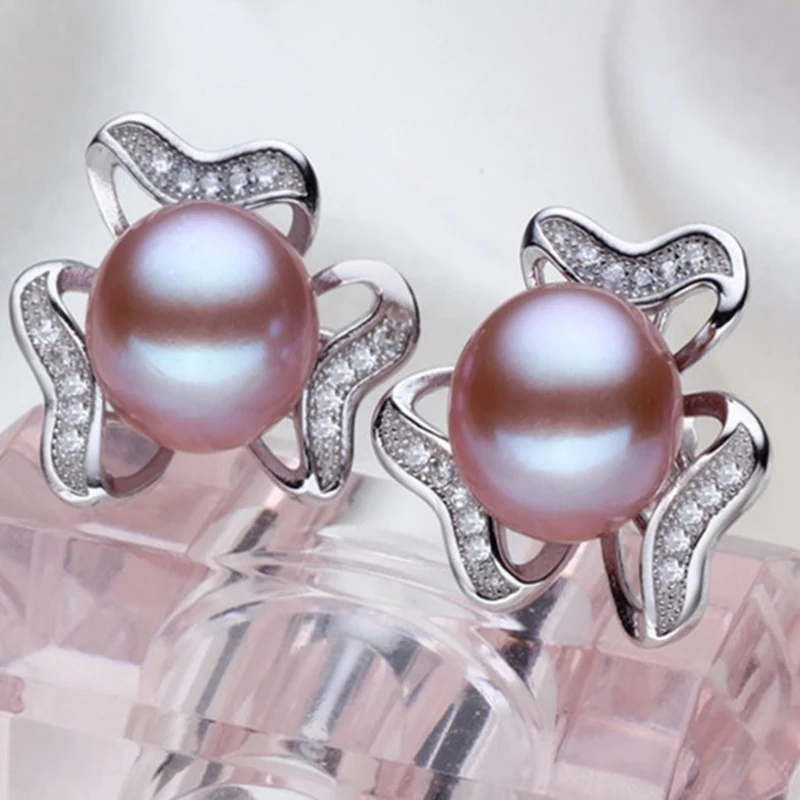 New Natural Freshwater 9-10mm Big Pearl with 925 Sterling Silver &amp Rhinestone Stud Earrings for women pearls jewelry | Украшения и