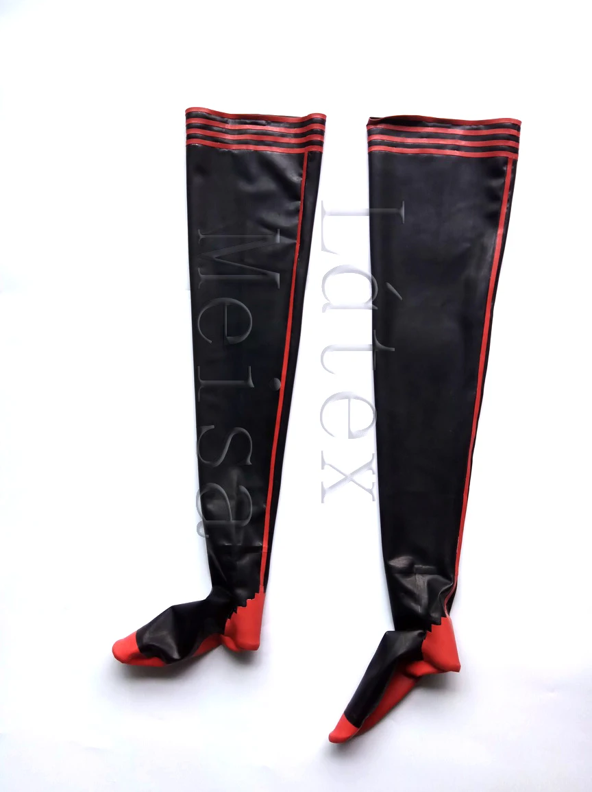 Черные плотные латексные чулки декоративные с красной и черной отделкой на