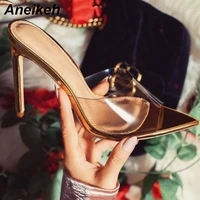 aneikeh 2022 classic pvc summer high heel slippers open toe sexy transparent thin high heels solid pointed toe gold size 35 40