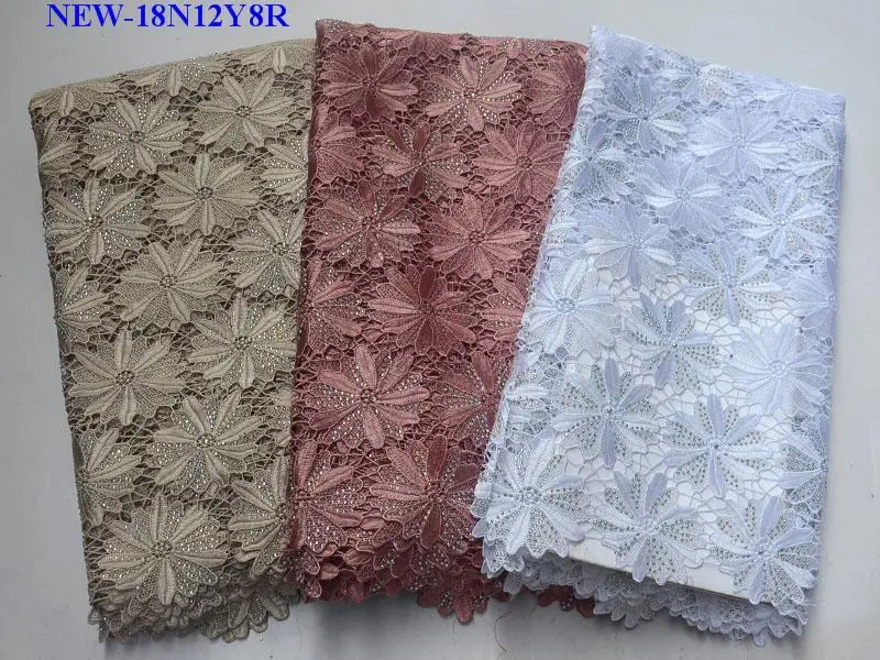 Newest Styles White Gold Embroidery African Guipure Lace Fabric High Quality French Mesh lace fabric with Rhinestones SNB02 | Дом и сад