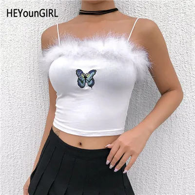 Белый HEYounGIRL Повседневные Плюшевые Спагетти ремень Топ для женщин белые милые короткие топы, футболки вышивка бабочка Cami Топ дамы хлопок Лето - Цвет: Белый