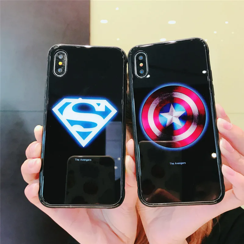 Marvel Человек-паук Бэтмен световой Стекло чехол для iPhone XR XS MAX 7 6 8 плюс Черная пантера Железный человек чехол телефона для iPhone X 10