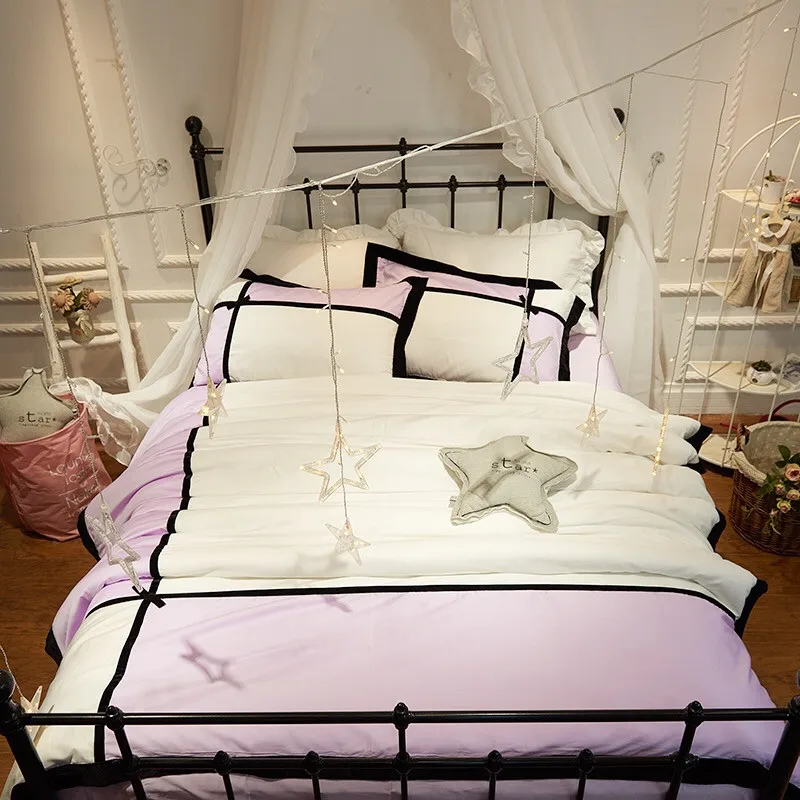 4 шт. Белый Фиолетовый хлопок простыней набор комплект постельных