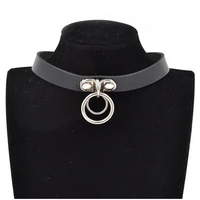 gothic punk style double ring pendant snap fastener pu leather choker collar chocker neck for women
