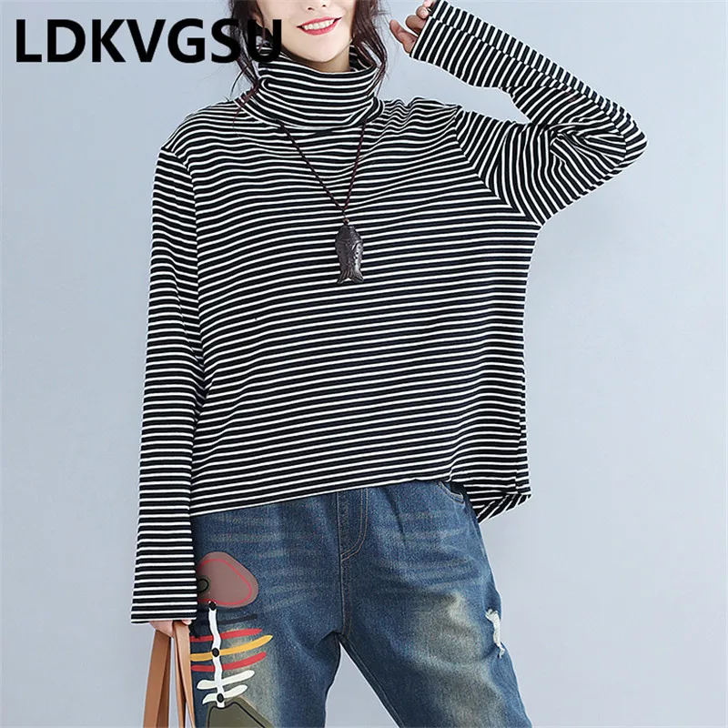 Женская длинная рубашка Свободный Топ в полоску с длинным рукавом и высоким