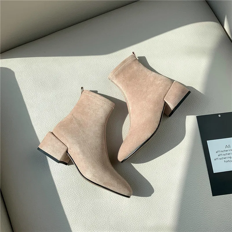 FEDONAS Top Quality Flock Women Ankle Boots Square Toe Square Heels Slip on Elegant Chelsea Boots Autumn Winter Basic Shoes