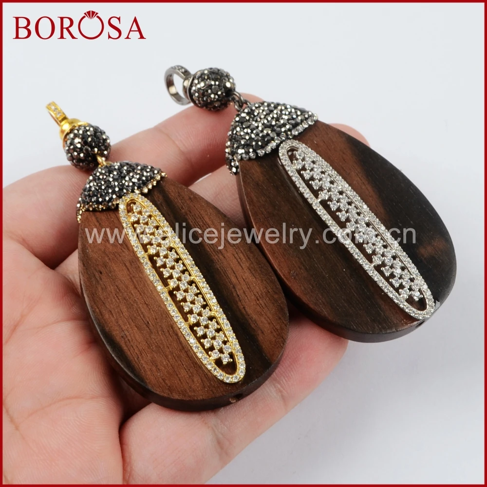 

BOROSA Pure Silver Color Waterdrop Shape Sander Wood Pendant Bead Pave CZ Gems Charm Drusy for Necklace Jewelry Making JAB768