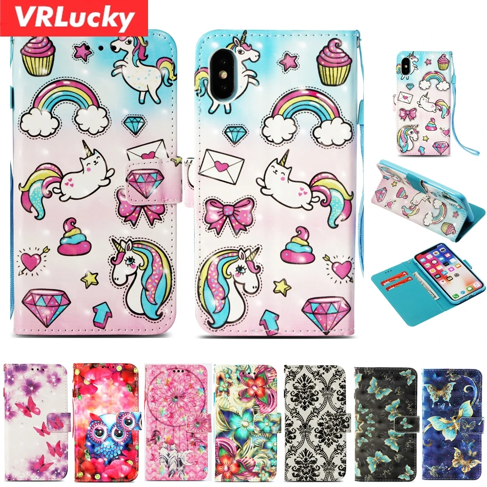 VRLucky 3D картина Единорог Сова Pattern walletflip чехол для телефона samsung S7 край S8 S9 плюс J3 J5 J7