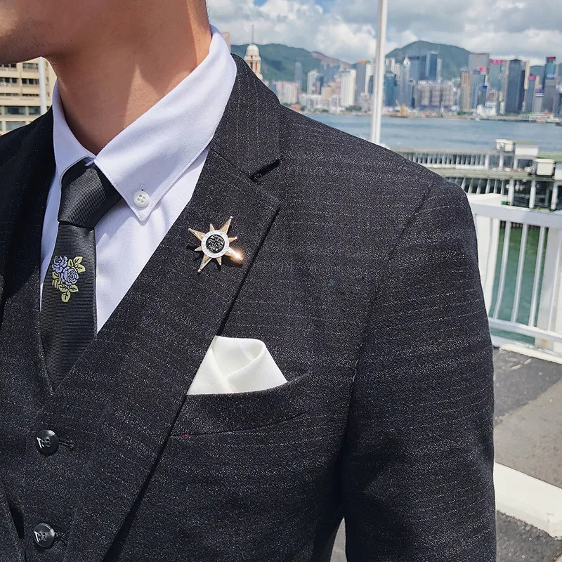 

Jacket+Pant+vest Spring and Autumn Fashion Casual Plaid Suit Male Korean Version Slim Groom Dress Suit