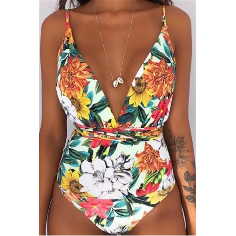 Белый Купальный костюм женщины цельный купальник maillot de bain femme спинки Высокая повязка на ногу с v-образным вырезом цветочный купальный костюм женские - Цвет: Белый