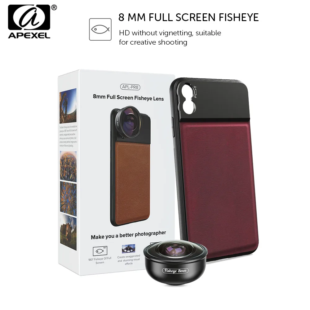 APEXEL Full Frame 185 градусов объектив камеры "рыбий глаз" 8 мм HD Мобильный объектив с 17 мм Чехол для мобильного телефона iPhone samsung Xiaomi 9