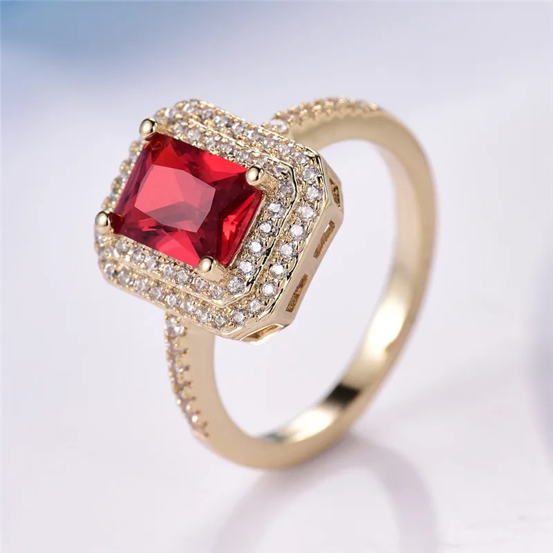 GULICX Exquisite Gold-color Wedding Rings For Women Square Red Stone Cubic Zircon Female Finger Engagement Jewelry GLR306 | Украшения и