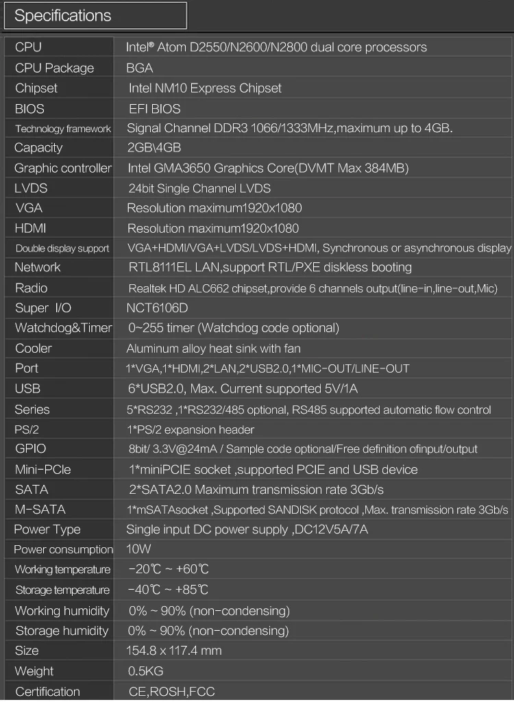 Z-3.5 дюймов Встроенный мини-ПК материнская плата D2550/N2800 бортовой 2/4GB Оперативная память 6*6* USB 2* LAN Поддержка WI-FI SSD/HDD под заказ