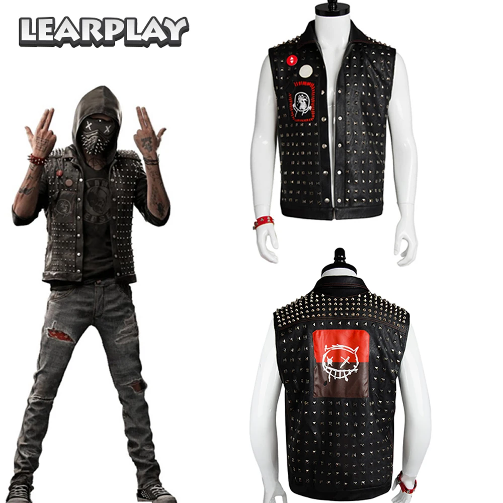 Маска ренча из watch dogs 2 Watch Dogs 2 Wrench Cosplay Vest Black Faux Leather Dedsec Rivet Vests Costume&Mask Badges