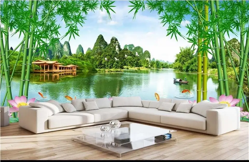 3d wallpaper custom photo mural non-woven Huge lake bamboo fish sofa background wall painting living room for walls | Обустройство