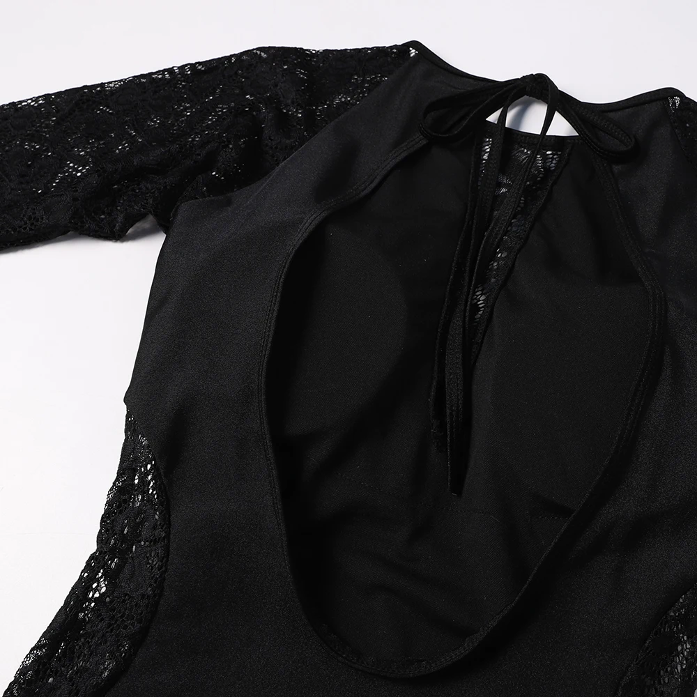 

Brand High quality Beach Wear Sexy Women V-Neck Long Sleeves One Pieces Swimwear Black Lace Backless Swimsuit Hot Bathing Suit