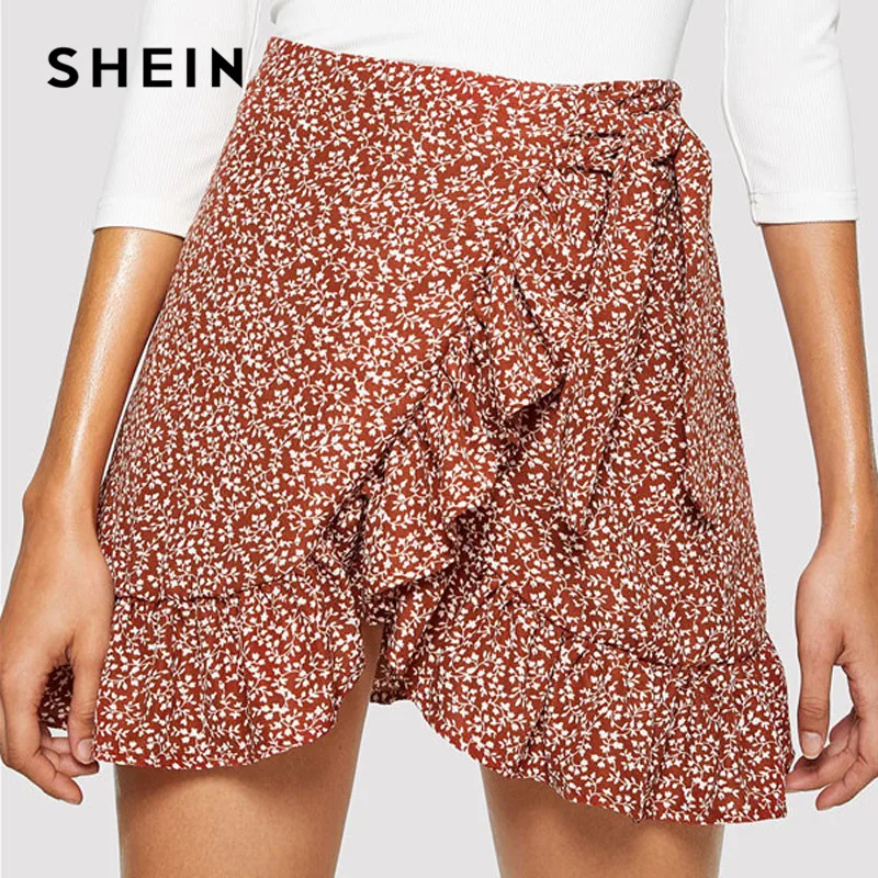 SHEIN Современная Дамская разноцветная Асимметричная юбка с рюшами и цветочным принтом, летняя повседневная женская короткая юбка выше колена на выход