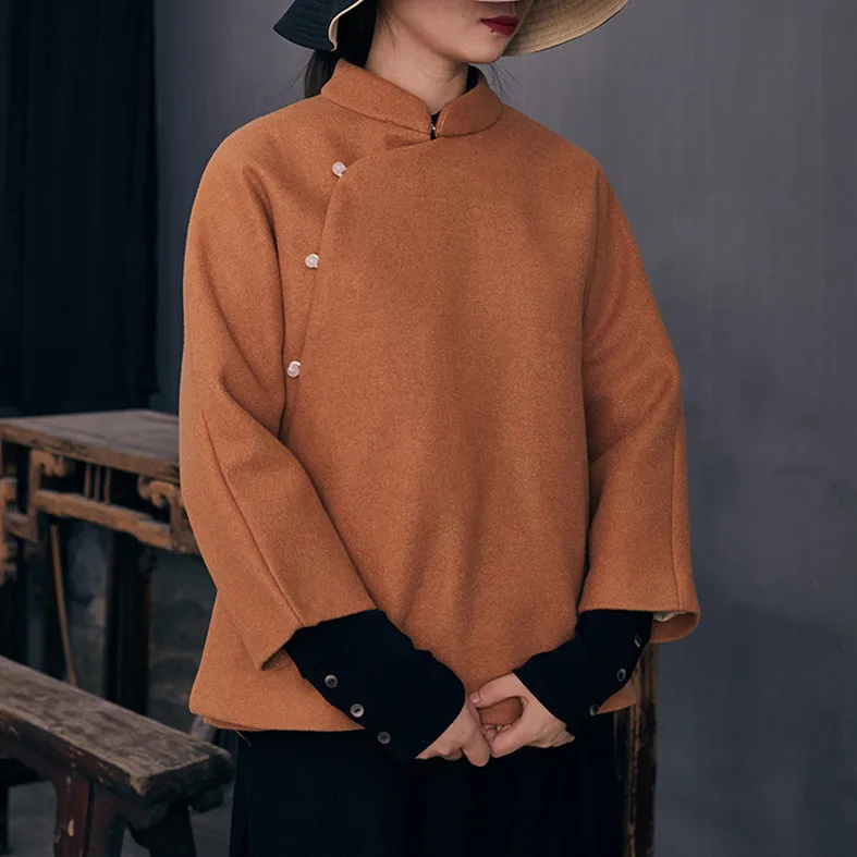 Winter New Traditional Slant Beads Button Stand Collar Woolen Women Coat Caramel Purple Colors Elegant Ladies Retro Jacket | Женская