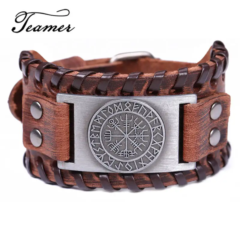 Teamer Wide Leather Bracelets Vintage Nordic Viking Rune Vegvisir Compass Charm Cuff Bracelet Men Women Gift Fashion Jewelry|Браслеты с