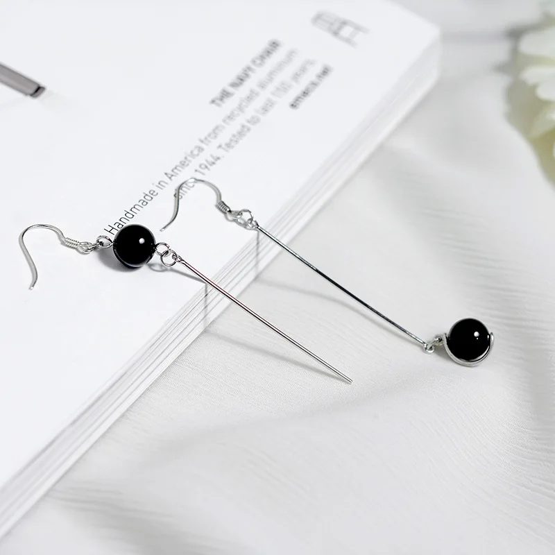 Реальные 925 стерлингового серебра серьги в виде капель с черного шара камень агат