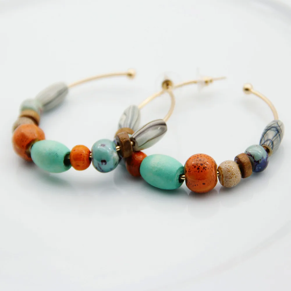 FishSheep Za богемные красочные деревянные серьги-кольца для женщин винтажные печатные деревянные бусины большой круг серьга в виде кольца для женщин