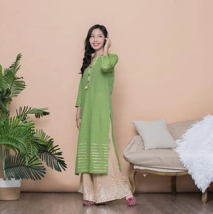 Woman Fashion Ethnic Styles Sets Print Cotton India Dress Lady Long Green Top And Pants