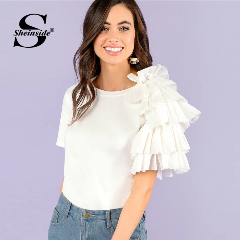 Sheinside Plain White Layered Sleeve Workwear Tops Office Ladies Ruffle Regular Fit Stretch Casual Women Summer T-shirt