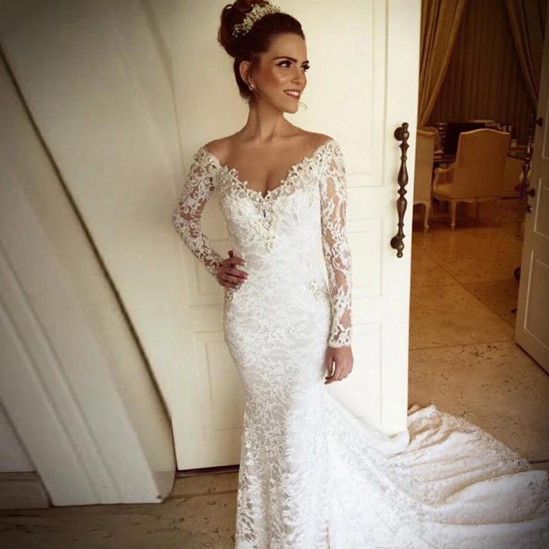 

2019 Fantastic Long Sleeves Mermaid Wedding Dress Elegant Lace Appliques Women Bridal Party Dress Plus Size Custom Made