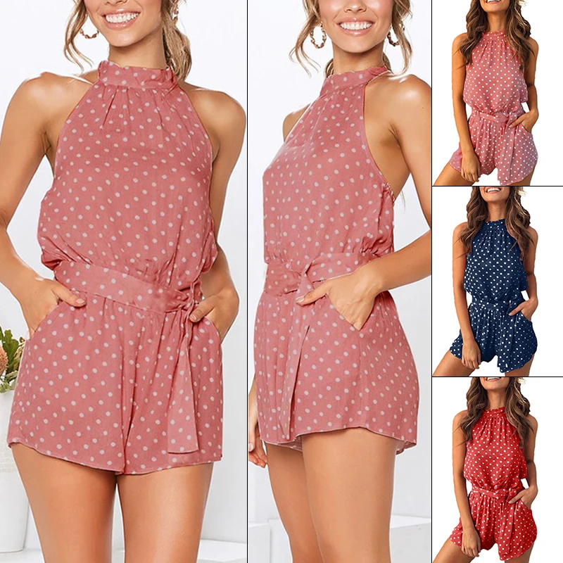 Женский комбинезон с лямкой на шее летний модный короткий поясом женский |