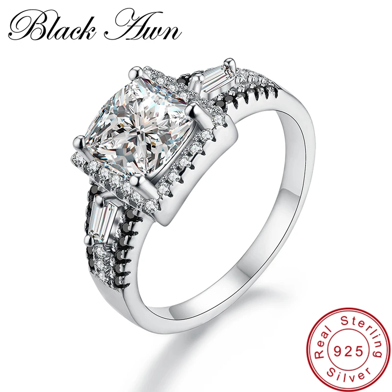 

[BLACK AWN] Real 925 Sterling Silver Ring Classic Square Engagement Rings for Women Female Sterling Silver Jewelry C259