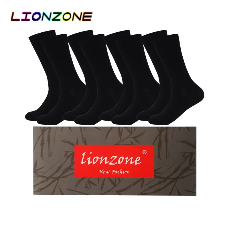 Black LIONZONE 4 пар/лот новые стили мужские черные бизнес бамбуковые носки Свадебные носки Размер США(9-13) антибактериальный дезодорант длинные носки - Цвет: Black
