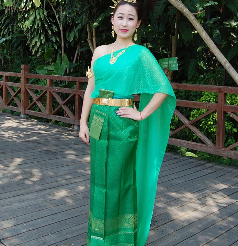 

YunNan water splashing Festival Costume sleeveless Outfit Thailand's traditional style green Dai women's clothing greeting dress