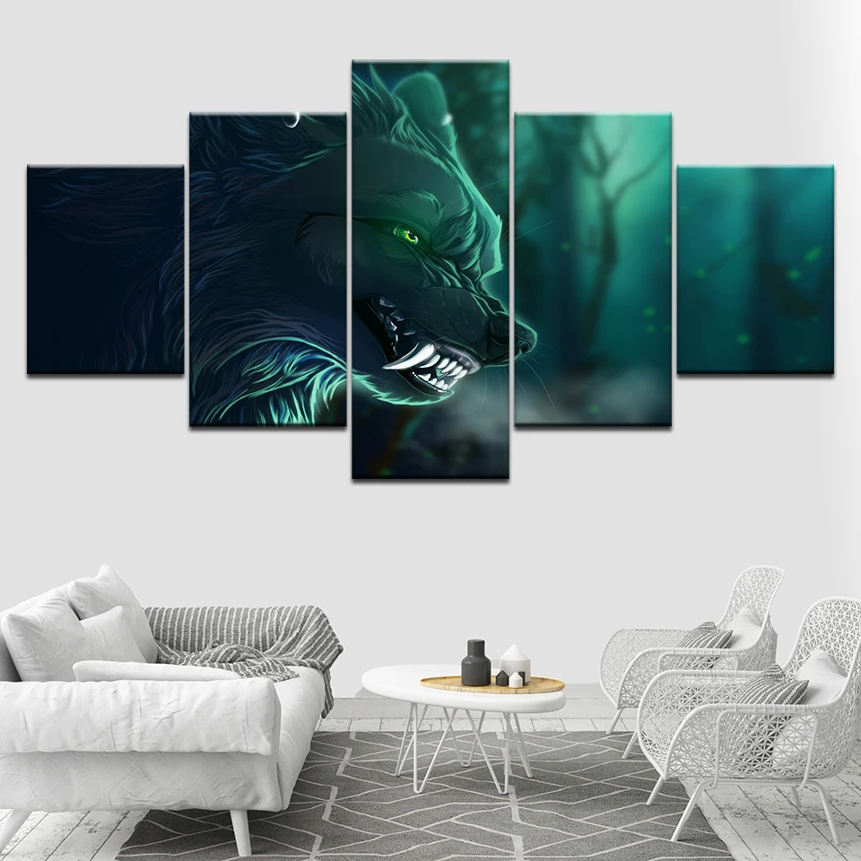 Зеленых глаз ВОЛКА ЖИВОТНЫХ 5 шт. Wall Art Печать холст Современная плакат модульная