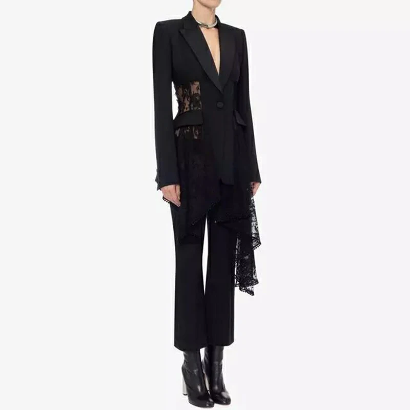 TWOTWINSTYLE Lace Blazer Female Patchwork Hollow Out High Waist Asymmetrical Coats Large Size Womens Autumn Sexy Clothing