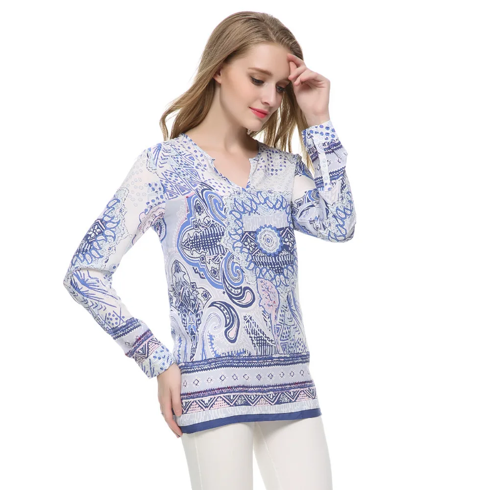 Женские винтажные синие блузки с принтом треугольным вырезом и длинным рукавом