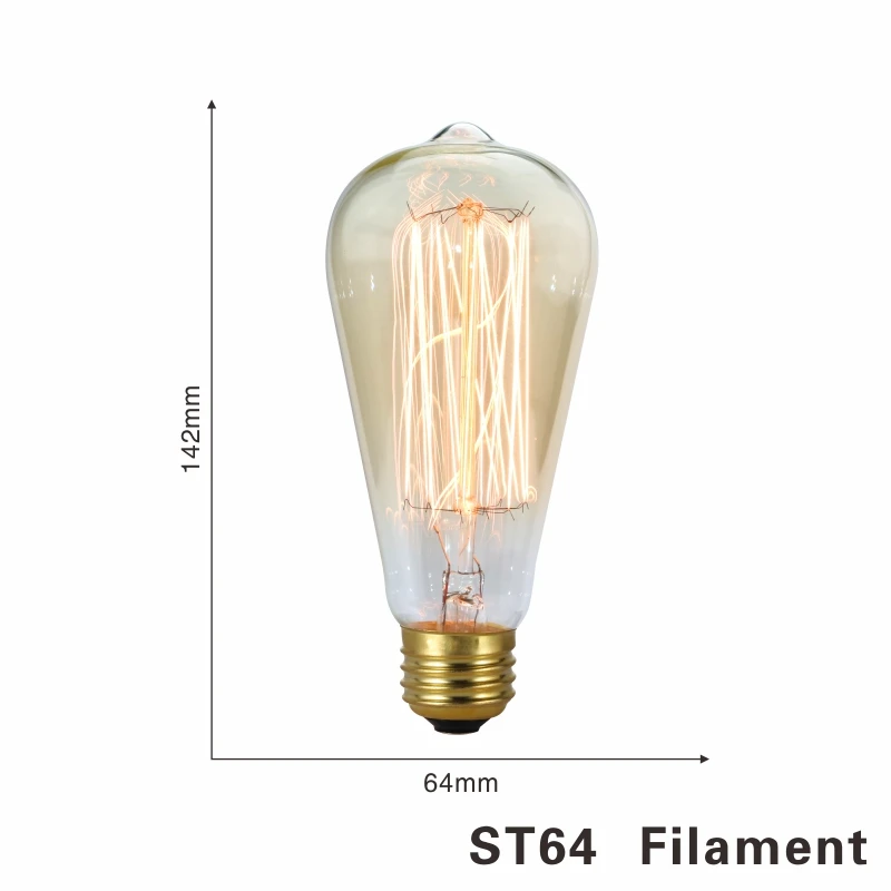 ST64 filament С регулируемой яркостью Эдисон светильник лампочка E27 220 В 40 Вт A19 A60 ST64 T10 T45 T185 G80 G95 нити Винтаж ампулы лампа накаливания Эдисона лампа - Цвет: ST64 filament