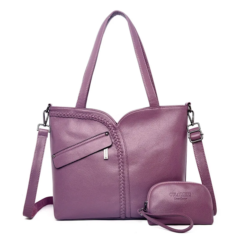 Purple Роскошные женские сумки на плечо из натуральной кожи, 2 комплекта, кошельки и сумки, Большая вместительная сумка-тоут, сумки через плечо для женщин - Цвет: Purple