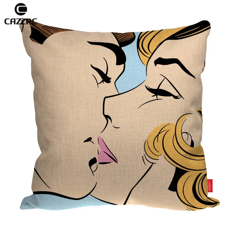 Красный желтый синий поцелуй комикс любовь рисунок в стиле поп арт льняной