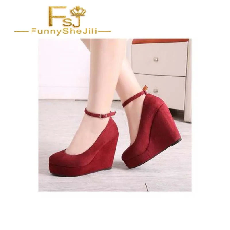 

Dark Red Closed Toe Wedges Suede Platform Ankle Strap Pumps Autumn Fashion Attractive Incomparable Women Shoes FSJ Elegant Sexy