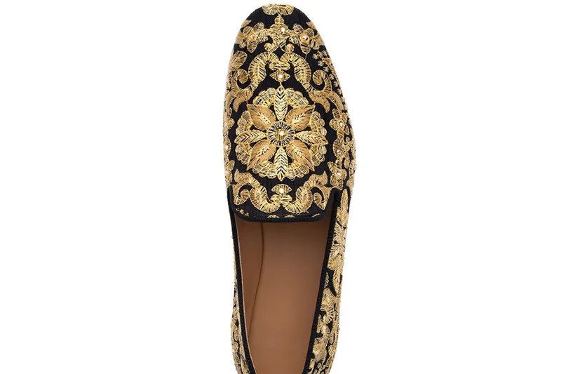 Мужская парусиновая обувь ручной работы вышитые золотистые Мокасины мужские