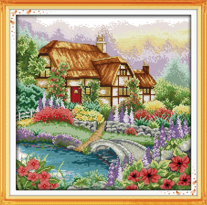 

Cabin with the fragrance of flowers cross stitch kit 14ct 11ct count printed canvas stitching embroidery DIY handmade needlework