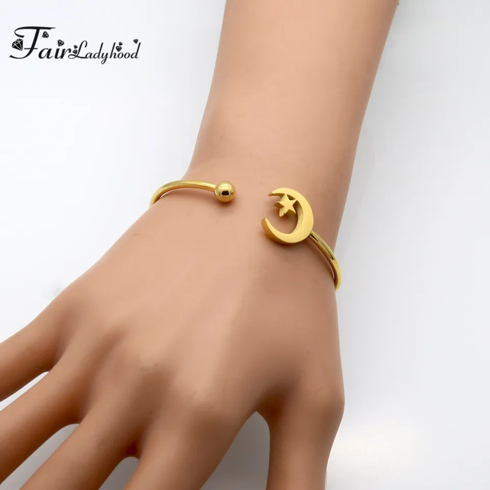 Fairladyhood moon and stars Hallow Design Cuff Bracelet Gold Color Stainless Steel Bangles For Women Wholesale | Украшения и