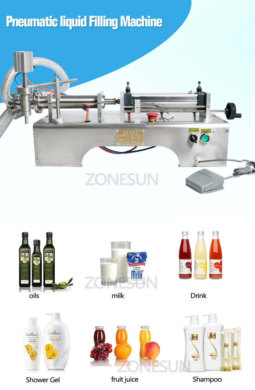 ZONESUN 5-100 мл горизонтальная пневматическая машина для наполнения жидкого масла, молока, сока, напитков, разливочная машина