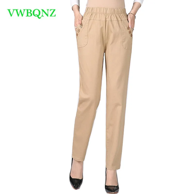 

Middle-aged ladies Cotton Trousers Fashion Casual Loose Straight pants Large size Solid Elastic waist Female Full length Pants