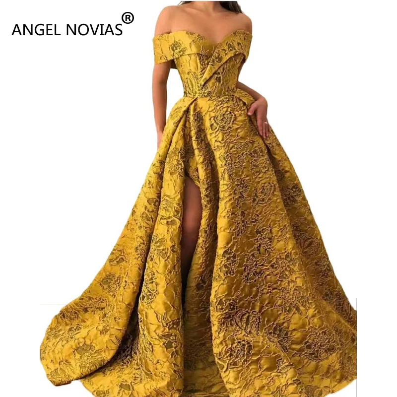 Женское вечернее платье ANGEL NOVIAS длинное золотое кружевное с разрезом | Свадьбы и